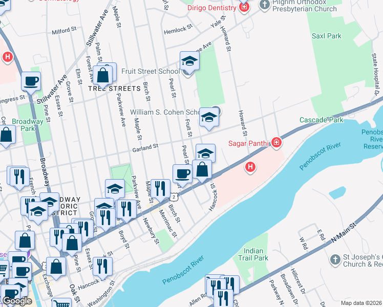 map of restaurants, bars, coffee shops, grocery stores, and more near 64 Fruit Street in Bangor