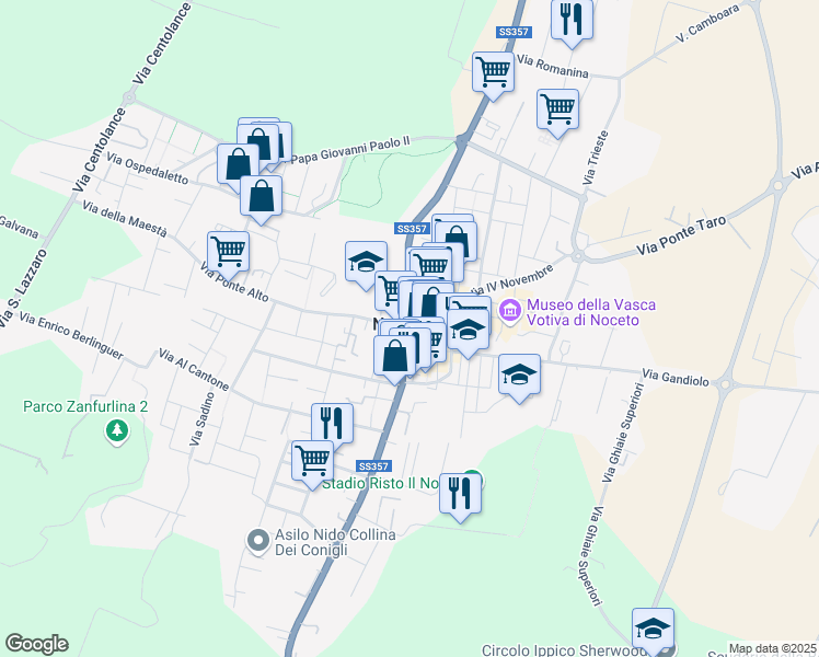 map of restaurants, bars, coffee shops, grocery stores, and more near 12 Via Giacomo Matteotti in Noceto