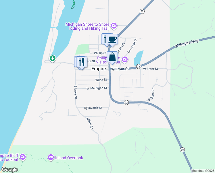 map of restaurants, bars, coffee shops, grocery stores, and more near 11860 South Lacore Road in Empire