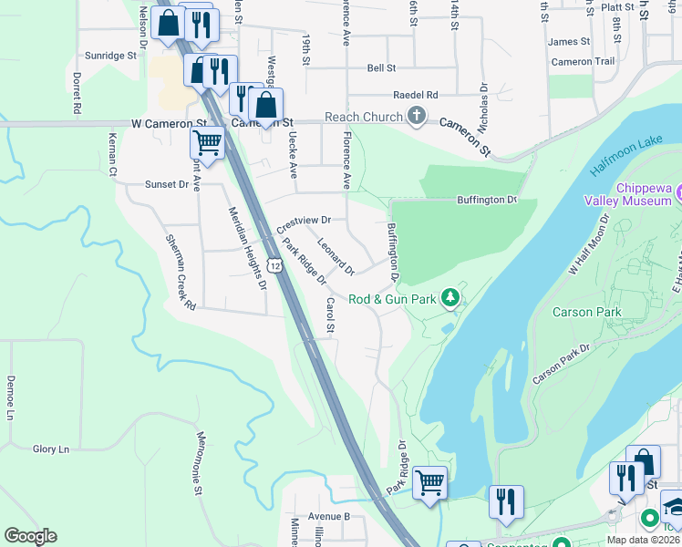 map of restaurants, bars, coffee shops, grocery stores, and more near 815 Carol Street in Eau Claire