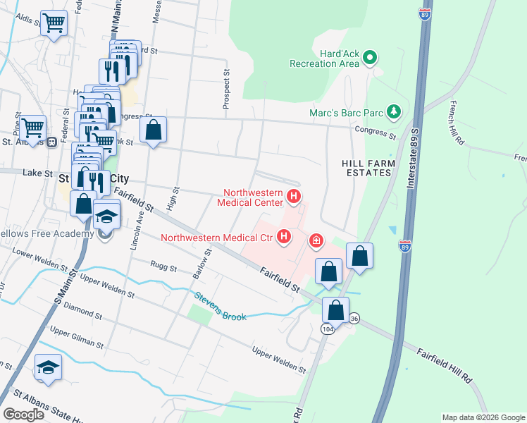 map of restaurants, bars, coffee shops, grocery stores, and more near 10 Forest Hill Drive in Saint Albans City