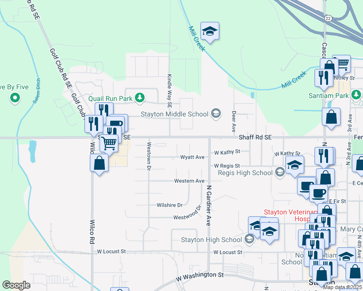 map of restaurants, bars, coffee shops, grocery stores, and more near 1838 Wilding Place in Stayton