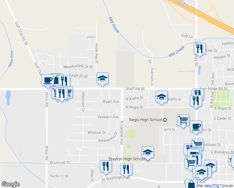map of restaurants, bars, coffee shops, grocery stores, and more near 1165-1195 Wyatt Avenue in Stayton