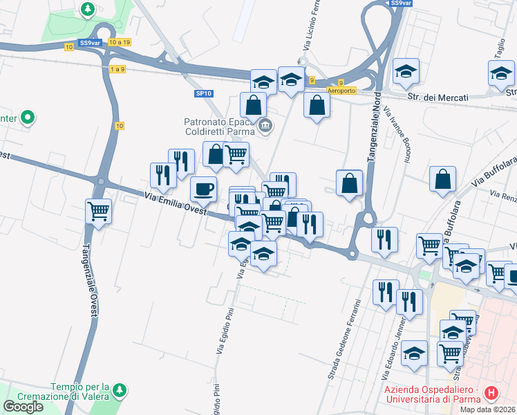 map of restaurants, bars, coffee shops, grocery stores, and more near 1 Via T Mamiani della Rovere in Parma