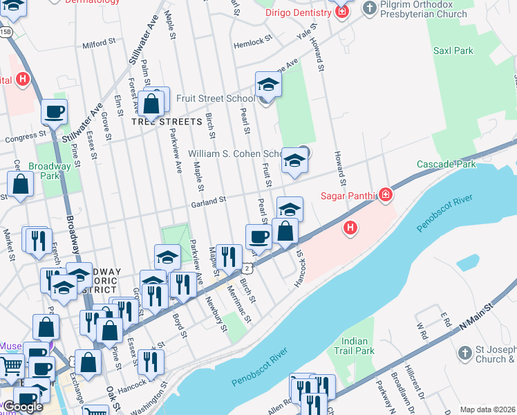 map of restaurants, bars, coffee shops, grocery stores, and more near 64 Fruit Street in Bangor