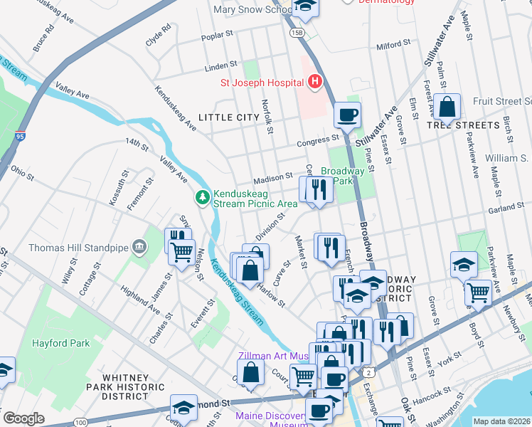 map of restaurants, bars, coffee shops, grocery stores, and more near 33 Jefferson Street in Bangor