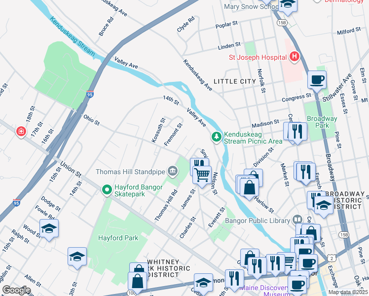 map of restaurants, bars, coffee shops, grocery stores, and more near 32 Autumn Street in Bangor
