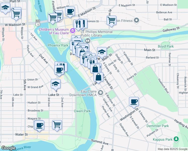 map of restaurants, bars, coffee shops, grocery stores, and more near 500 South Barstow Street in Eau Claire