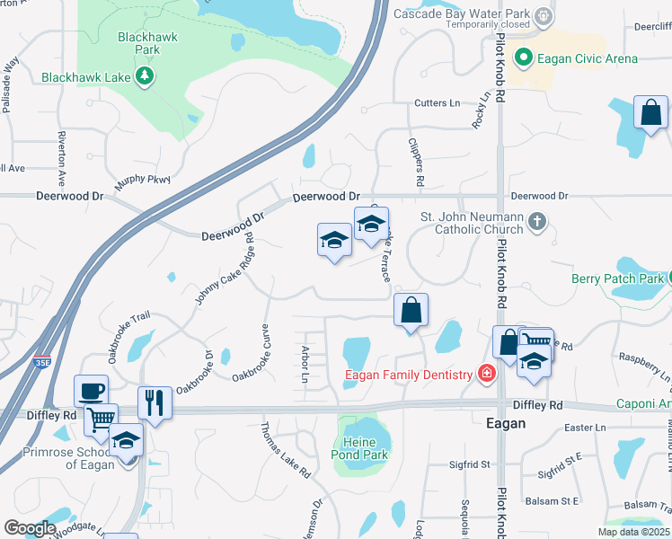 map of restaurants, bars, coffee shops, grocery stores, and more near 1540 Deerwood Drive in Eagan