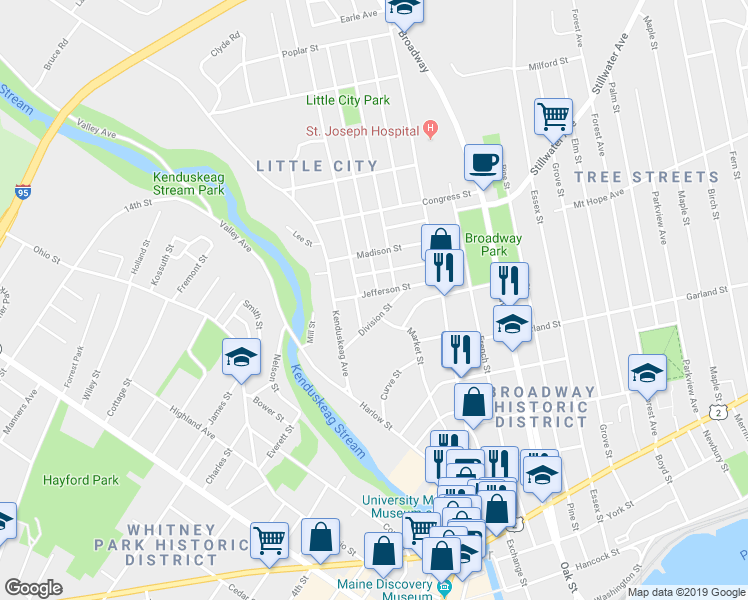 map of restaurants, bars, coffee shops, grocery stores, and more near 33 Jefferson Street in Bangor