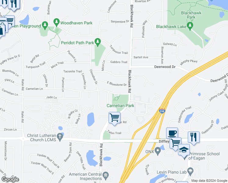 map of restaurants, bars, coffee shops, grocery stores, and more near 1791 Carnelian Lane in Eagan