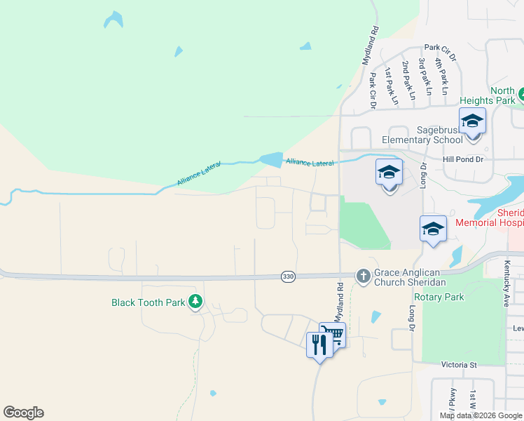 map of restaurants, bars, coffee shops, grocery stores, and more near 2311 Quail Ridge Drive in Sheridan