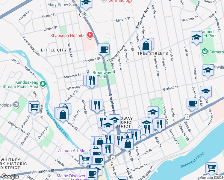 map of restaurants, bars, coffee shops, grocery stores, and more near 205 Broadway in Bangor
