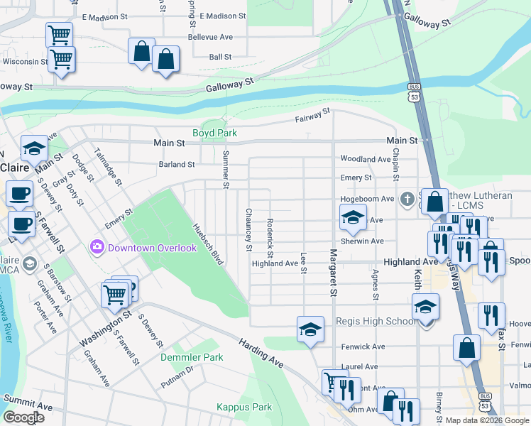 map of restaurants, bars, coffee shops, grocery stores, and more near 1406 Altoona Avenue in Eau Claire