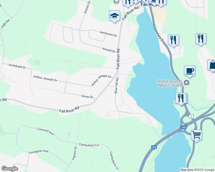 map of restaurants, bars, coffee shops, grocery stores, and more near Fall River Road in Fall River