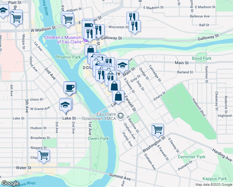 map of restaurants, bars, coffee shops, grocery stores, and more near 505 South Barstow Street in Eau Claire