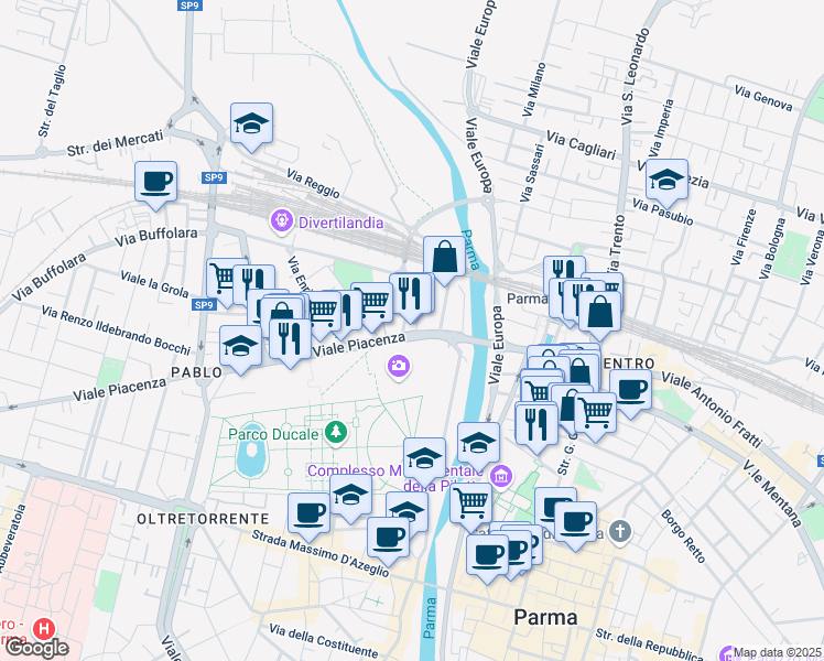 map of restaurants, bars, coffee shops, grocery stores, and more near 15 Via Cremona in Parma