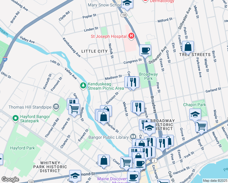 map of restaurants, bars, coffee shops, grocery stores, and more near 33 Jefferson Street in Bangor