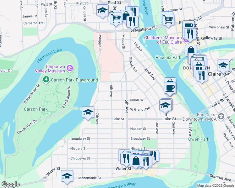 map of restaurants, bars, coffee shops, grocery stores, and more near 517 Congress Street in Eau Claire