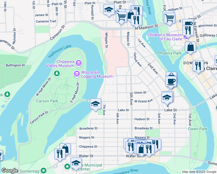 map of restaurants, bars, coffee shops, grocery stores, and more near 627 Congress Street in Eau Claire