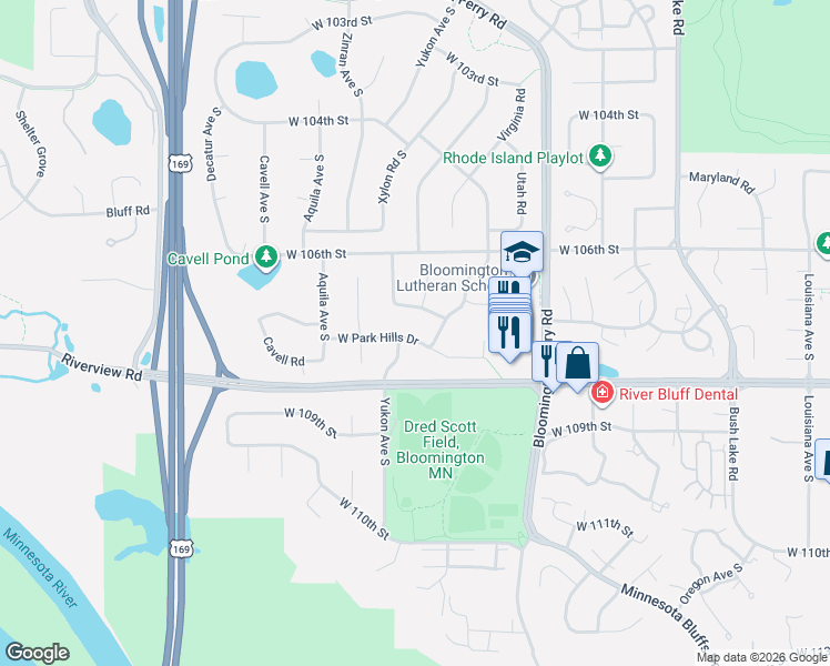 map of restaurants, bars, coffee shops, grocery stores, and more near 10708 Wyoming Road in Bloomington