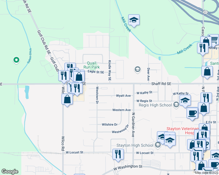 map of restaurants, bars, coffee shops, grocery stores, and more near 1430 Westfall Place in Stayton