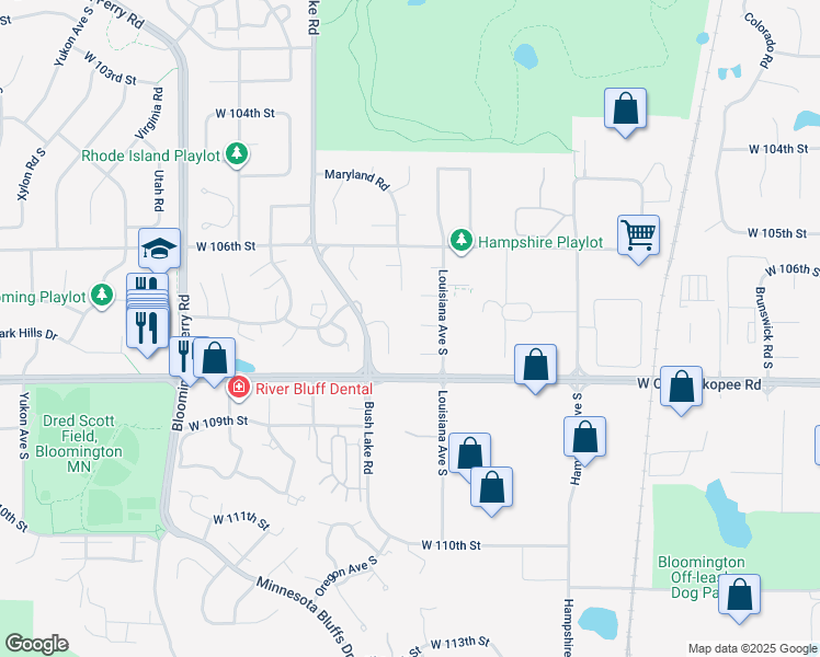 map of restaurants, bars, coffee shops, grocery stores, and more near 10708 Garden Circle in Bloomington