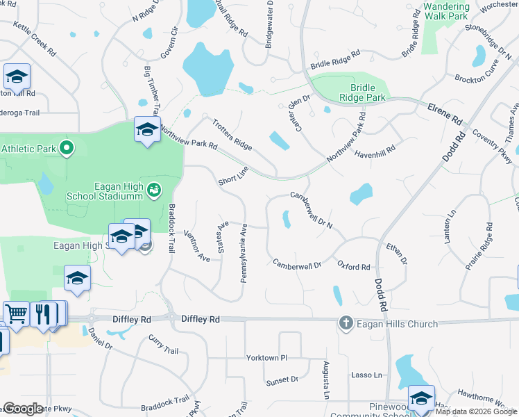 map of restaurants, bars, coffee shops, grocery stores, and more near 4024 Camberwell Drive North in Eagan