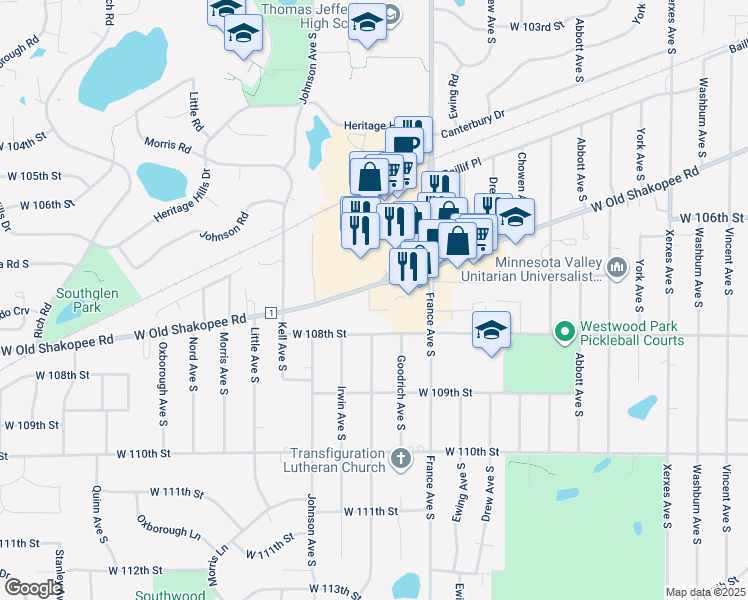 map of restaurants, bars, coffee shops, grocery stores, and more near 4101 West Old Shakopee Road in Minneapolis