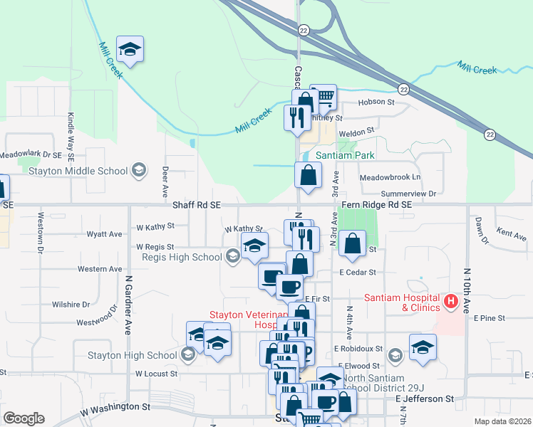 map of restaurants, bars, coffee shops, grocery stores, and more near 280 Shaff Road Southeast in Stayton