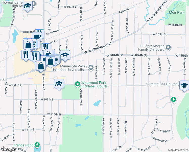 map of restaurants, bars, coffee shops, grocery stores, and more near 10718 York Avenue South in Minneapolis