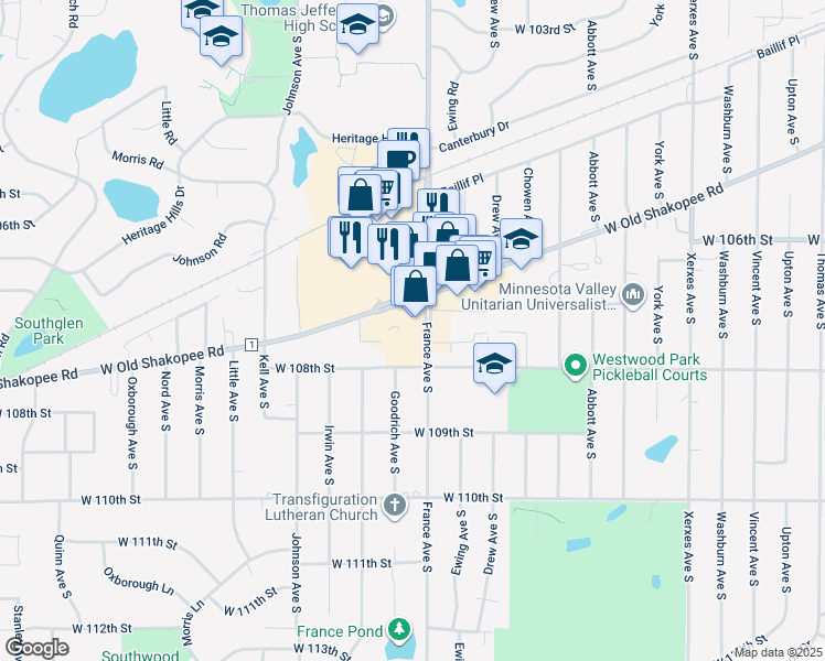 map of restaurants, bars, coffee shops, grocery stores, and more near 10700 France Avenue South in Bloomington