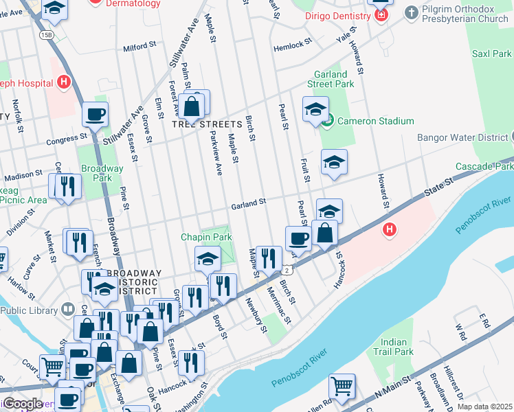 map of restaurants, bars, coffee shops, grocery stores, and more near 199 Garland Street in Bangor