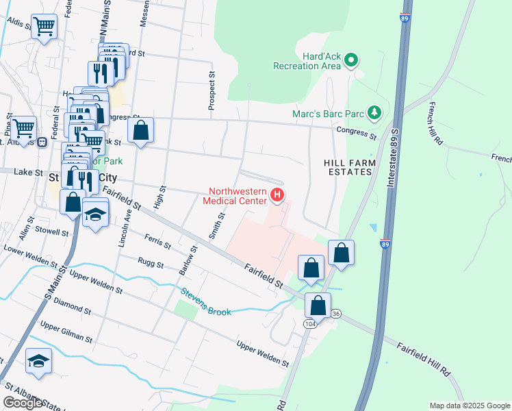 map of restaurants, bars, coffee shops, grocery stores, and more near 10 Forest Hill Drive in Saint Albans City