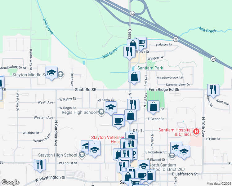 map of restaurants, bars, coffee shops, grocery stores, and more near 280 Shaff Road Southeast in Stayton