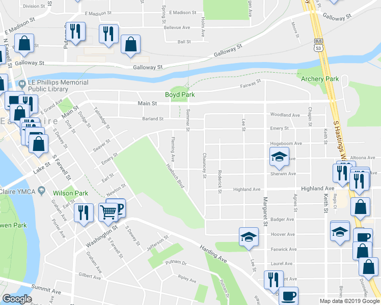 map of restaurants, bars, coffee shops, grocery stores, and more near 719 Summer Street in Eau Claire
