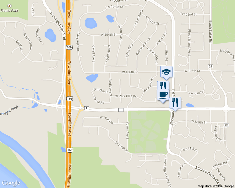 map of restaurants, bars, coffee shops, grocery stores, and more near 8200 West Park Hills Drive in Minneapolis