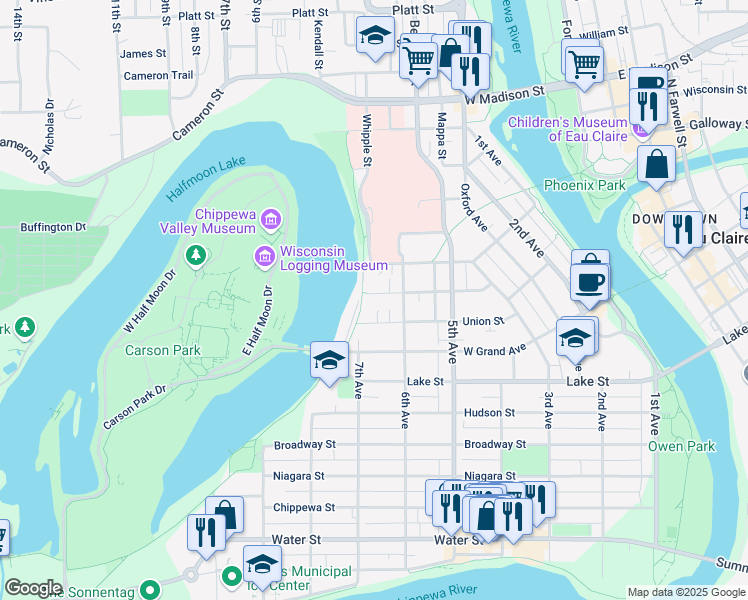map of restaurants, bars, coffee shops, grocery stores, and more near 627 Congress Street in Eau Claire