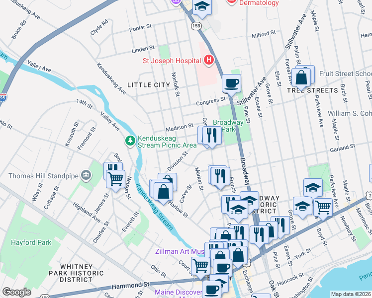 map of restaurants, bars, coffee shops, grocery stores, and more near 77 Division Street in Bangor