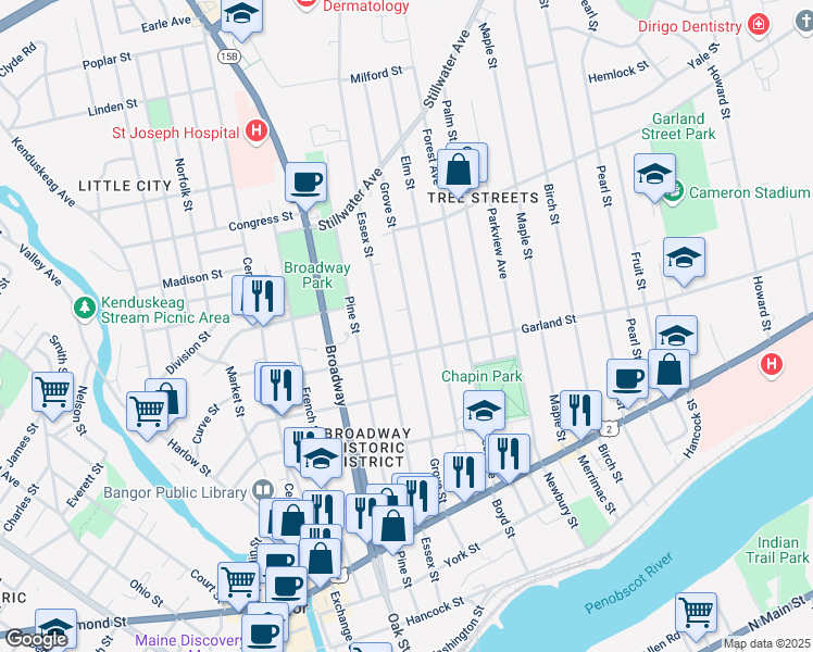 map of restaurants, bars, coffee shops, grocery stores, and more near 144 Grove Street in Bangor