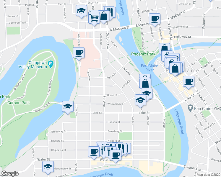 map of restaurants, bars, coffee shops, grocery stores, and more near 415 Congress Street in Eau Claire