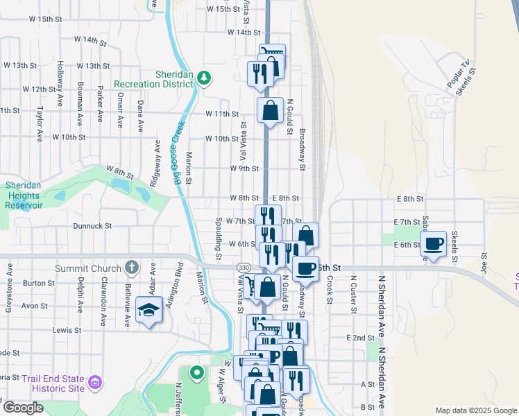 map of restaurants, bars, coffee shops, grocery stores, and more near 1136 North Main Street in Sheridan