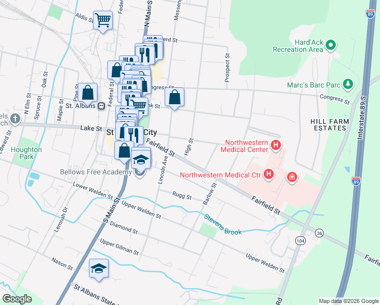 map of restaurants, bars, coffee shops, grocery stores, and more near 7 High Street in Saint Albans City