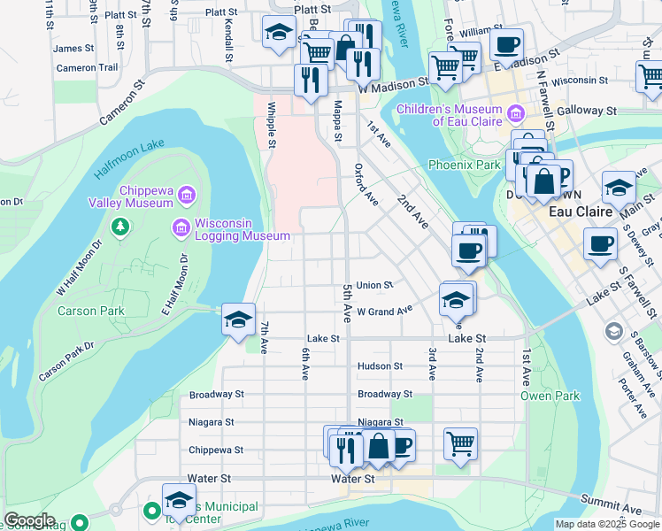 map of restaurants, bars, coffee shops, grocery stores, and more near 517 Congress Street in Eau Claire