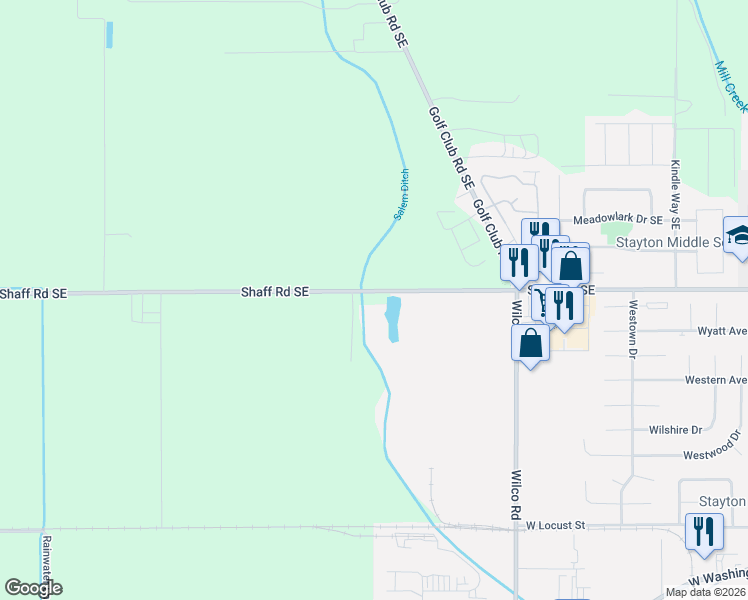 map of restaurants, bars, coffee shops, grocery stores, and more near 2610 Shaff Road Southeast in Aumsville
