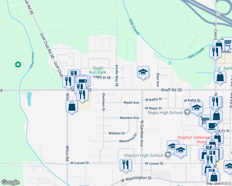 map of restaurants, bars, coffee shops, grocery stores, and more near 1430 Westfall Place in Stayton