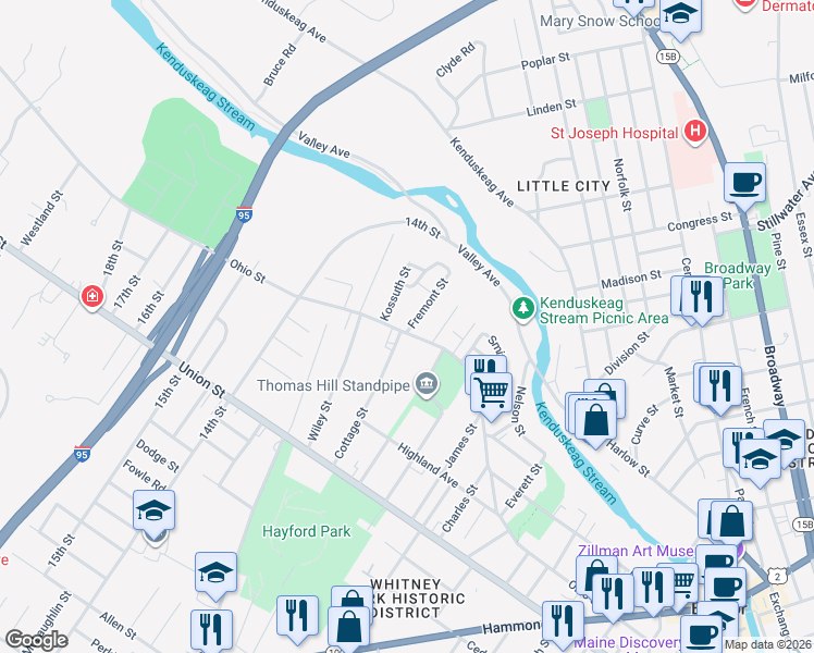 map of restaurants, bars, coffee shops, grocery stores, and more near 327 Ohio Street in Bangor