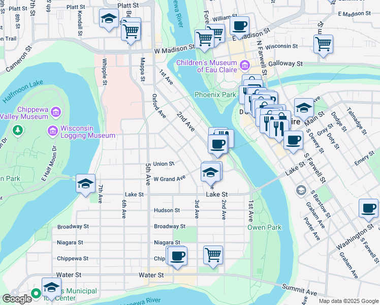 map of restaurants, bars, coffee shops, grocery stores, and more near 902 Oxford Avenue in Eau Claire