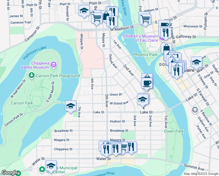 map of restaurants, bars, coffee shops, grocery stores, and more near 415 Congress Street in Eau Claire