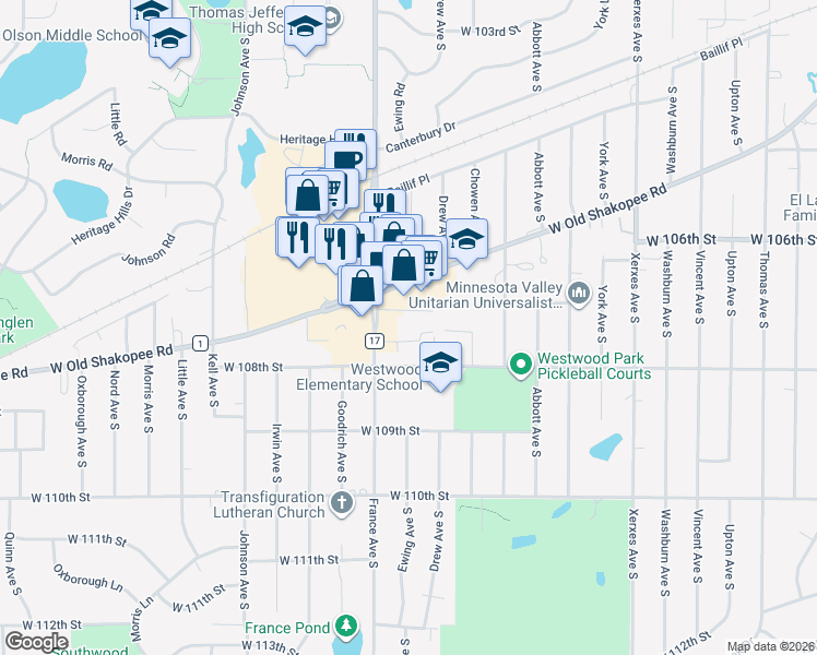 map of restaurants, bars, coffee shops, grocery stores, and more near 10717 France Avenue South in Minneapolis